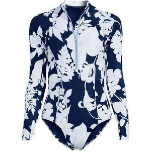 Land's End Plus Standard long sleeve zip one piece swim sea navy white Lily Var